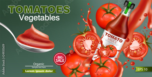 Ketchup bottle vector realistic mock up. Product placement. Label design. Detailed banner 3d illustrations