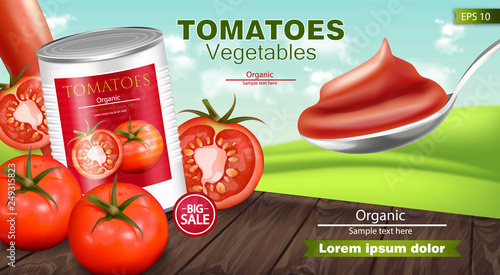 Canned tomatoes Vector realistic mock up. Product placement. 3d detailed illustrations