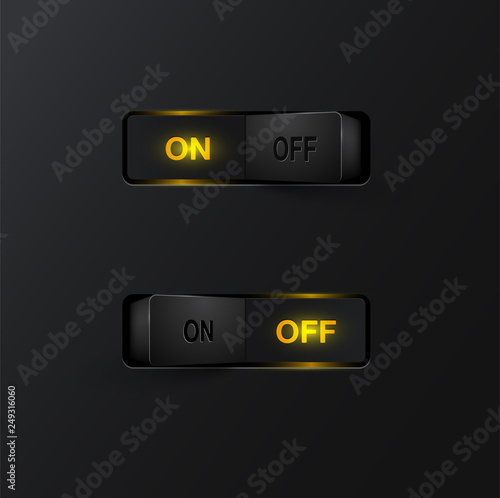 Realistic black switches (ON/OFF) on black background, vector illustration