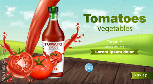 Ketchup bottle vector realistic mock up. Product placement. Label design. Detailed banner 3d illustrations