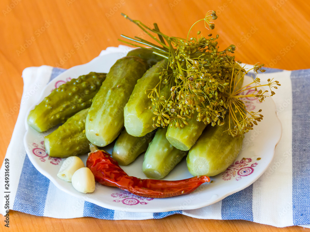 Pickles, hot pepper, dill and garlic on a plate