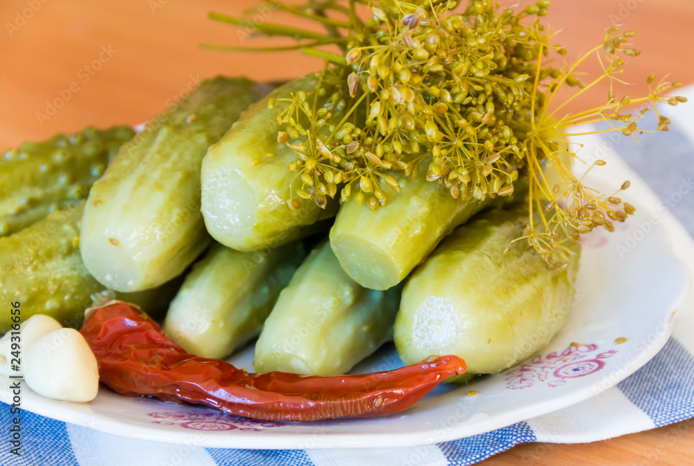 Pickles, hot pepper, dill and garlic on a plate