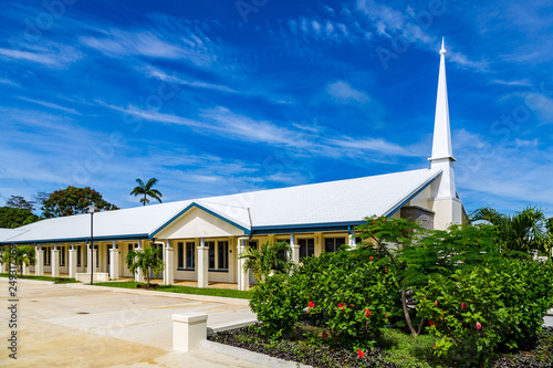 Typical Mormon church. The Church of Jesus Christ of Latter-day Saints in rural Oceania. Hihifo road, Teekiu village, Tongatapu island, Tonga, Polynesia, South Pacific Ocean
