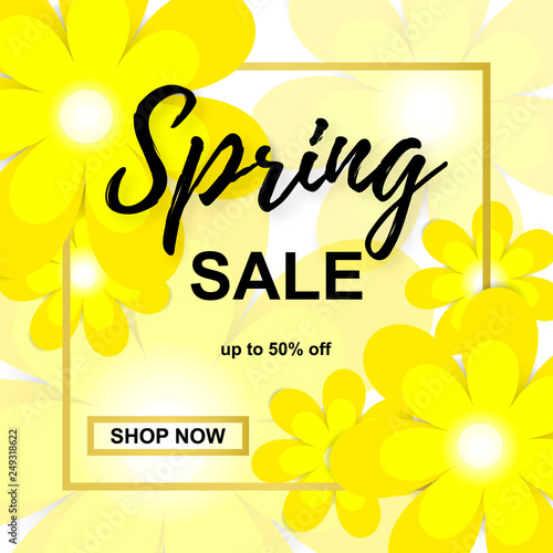 Spring Sale Banner with paper flowers And Gold frame. Spring banner for online shopping, advertising actions, magazines and websites. Vector Illustration. Vector