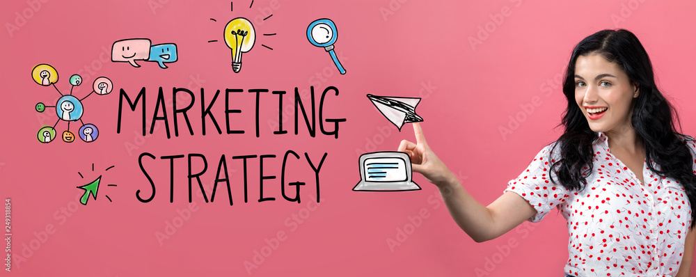 Marketing strategy with young woman on a pink background