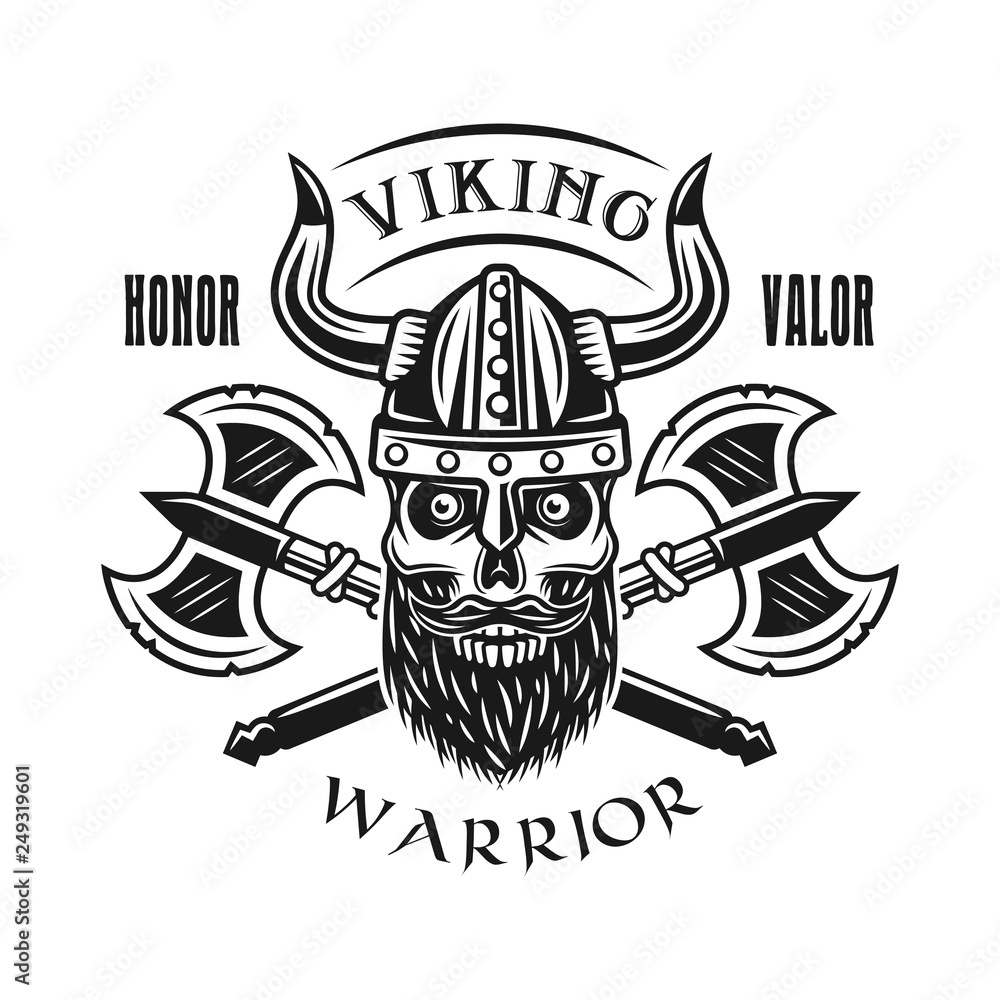 Fototapeta premium Viking bearded skull and axes vector emblem 