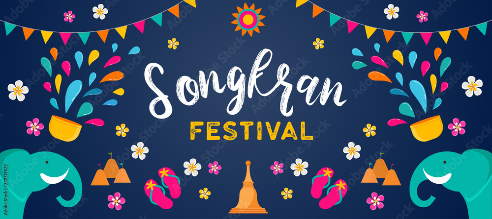 Naklejka premium Songkran - water festival in Thailand. Thai new year national holiday. Colorful vector banner and background