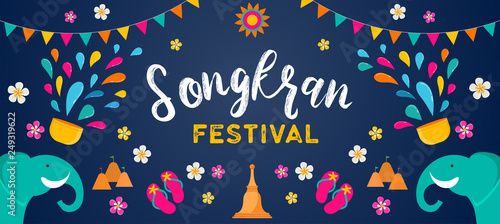 Songkran - water festival in Thailand. Thai new year national holiday. Colorful vector banner and background