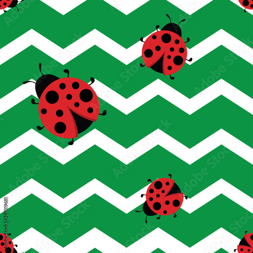 Bright ladybird wallpaper design, seamless pattern, green universal background, wrapping, textile design for kids and adults