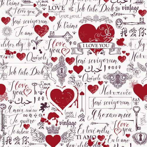 Vector seamless background with red hearts, keys, keyholes, cupids and love theme letterings. Abstract background in retro style with hand written declarations of love in different languages.