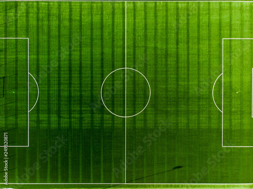 Aerial view of soccer field. Aerial shot of football stadium.
