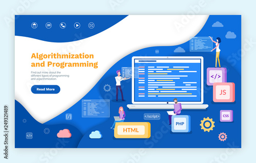 Algorithmization and programming, people developing web services vector. Js and html , css and php computer languages, programmers with laptop screen. Website or webpage template landing page in flat