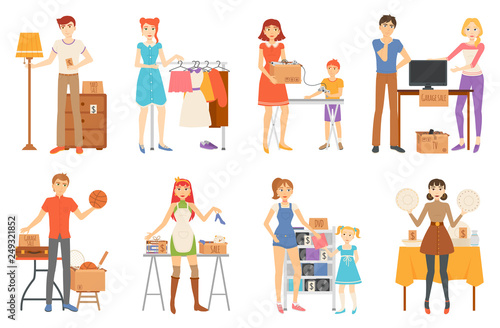 Garage sale and second hand staff, selling goods vector. Yard sale of furniture and clothes, technology and sport items, music discs and kitchenware isolated characters © robu_s