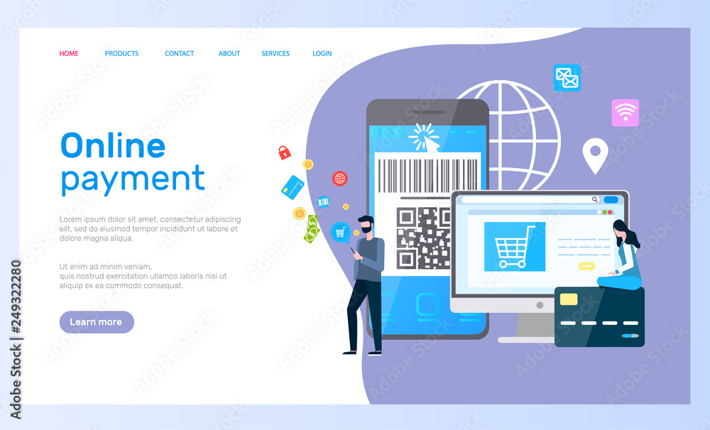 Online payment web page, computer and smartphone vector. Internet shopping at app or website, credit card and barcode, customers and transactions Online payment web page, computer and smartphone vector. Internet shopping at app or website, credit card and barcode, customers and transactions