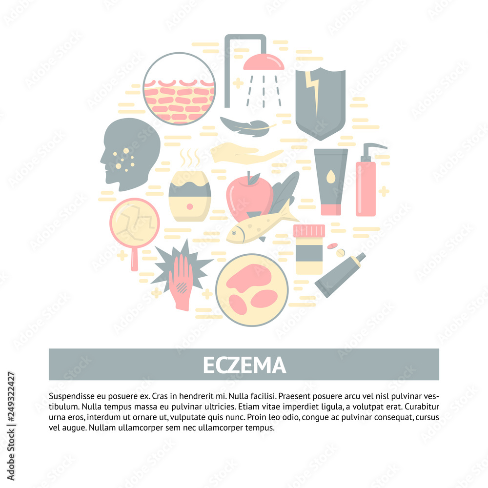 Eczema symptoms and treatment round concept banner in flat style with text