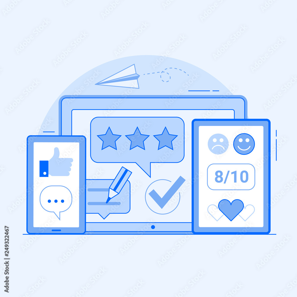 Client positive feedback on social media and internet. Customer satisfaction concept with good reviews and like icons. Excellent client service user experience advertising illustration. Client positive feedback on social media and internet. Customer satisfaction concept with good reviews and like icons. Excellent client service user experience advertising illustration.