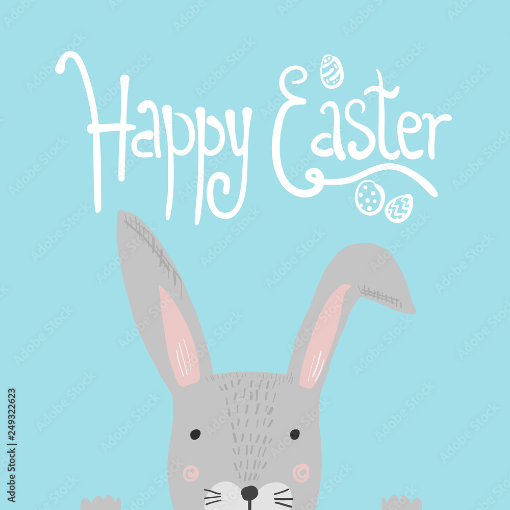 Bright blue Happy Easter poster with white doodle handwritten text and funny gray rabbit. Cute cartoon Easters illustration for greeting card, spring holiday invitation design Bright blue Happy Easter poster with white doodle handwritten text and funny gray rabbit. Cute cartoon Easters illustration for greeting card, spring holiday invitation design