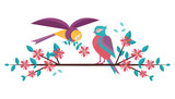 Cartoon spring birds couple in love on blooming tree brunch. Boy bird giving flower to girlfriend sitting on blossom cherry flowers twig. Romantic greeting banner for Valentine day.