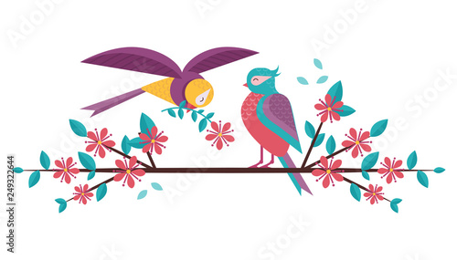 Cartoon spring birds couple in love on blooming tree brunch. Boy bird giving flower to girlfriend sitting on blossom cherry flowers twig. Romantic greeting banner for Valentine day.