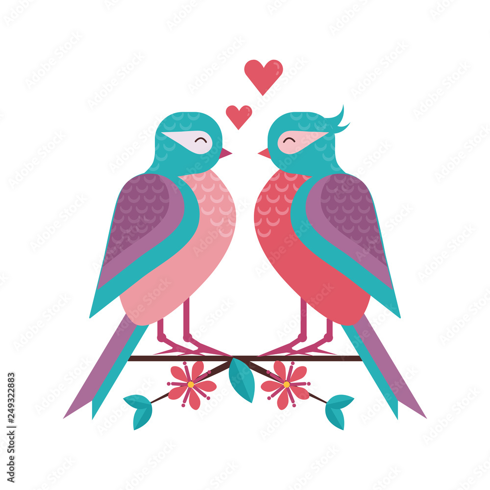 Cartoon spring birds couple in love on blooming tree brunch. Boy bird and girlfriend sitting on blossom cherry flowers twig. Romantic greeting card for Valentine day. Cartoon spring birds couple in love on blooming tree brunch. Boy bird and girlfriend sitting on blossom cherry flowers twig. Romantic greeting card for Valentine day.