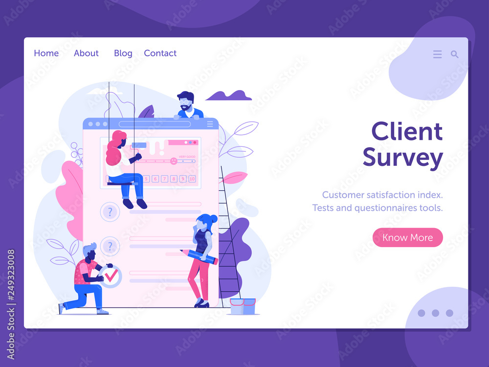 Customer satisfaction index landing page template. Client feedback survey web banner. Test application form or questionnaire for marketing research. User experience exploration UI illustration.