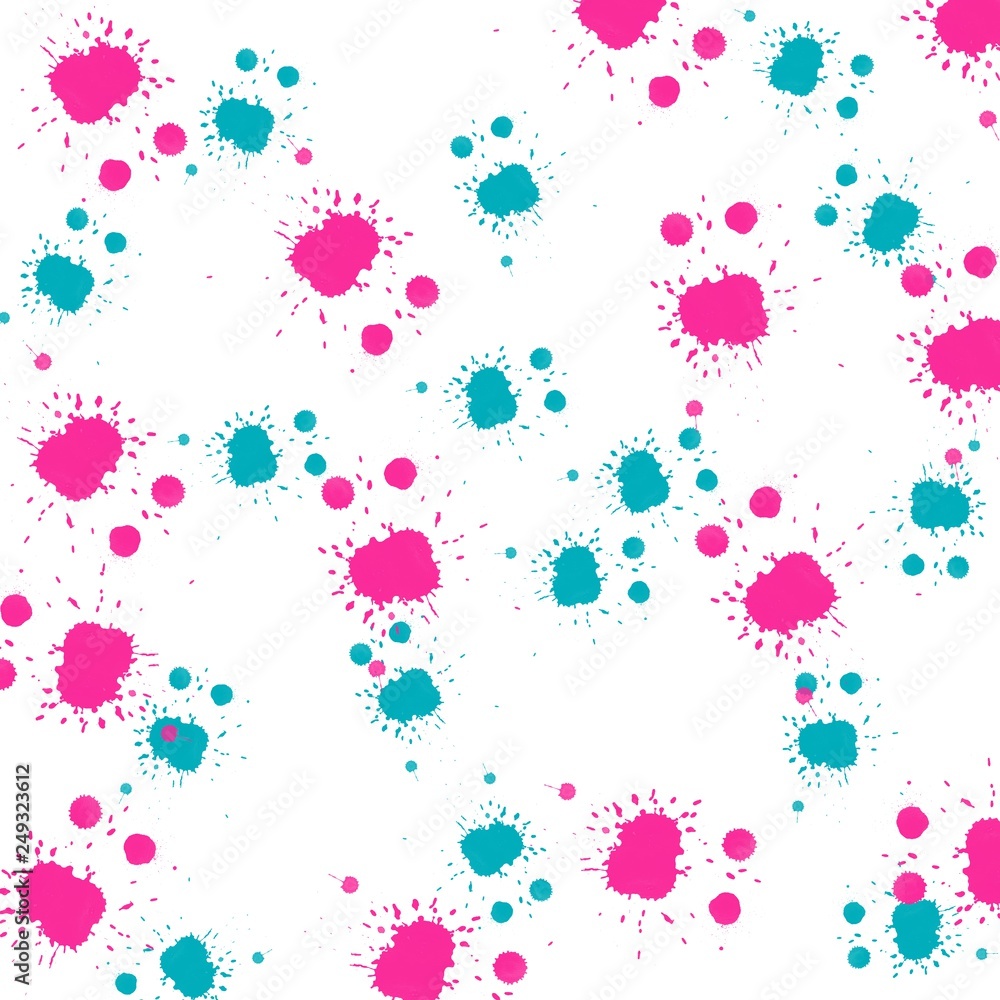 Colorful splashes. Fuchsia, blue stains paints. White abstract background with festive stamps, spots. Holy festival. Creative backdrop for print, fabric, textile. Bright spring, summer clothes theme 