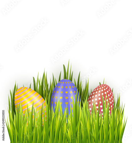 Colorful decorated Easter eggs in fresh green grass isolated on white background. Horizontal holiday banner decorations.