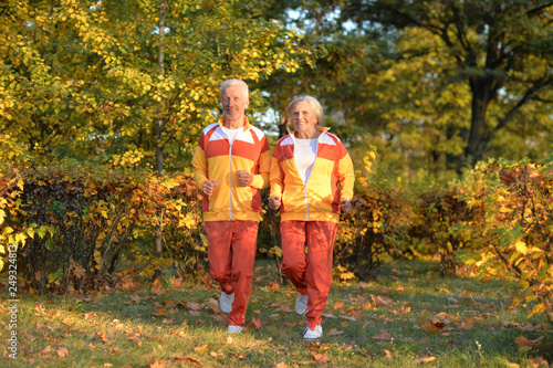Portrait of happy senior couple doing exercises in autumnal park