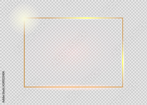 Gold shiny glowing vintage frame with shadows isolated on transparent background. Golden luxury realistic rectangle border.