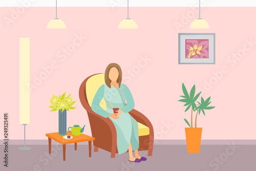Beauty salon and resort relaxation female vector. Woman wearing gown, sitting in comfortable armchair drinking hot fresh beverage from teapot tea
