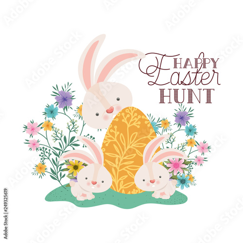 happy easter hunt label with egg and flowers icon