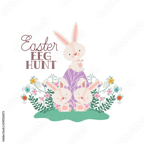 happy easter hunt label with egg and flowers icon