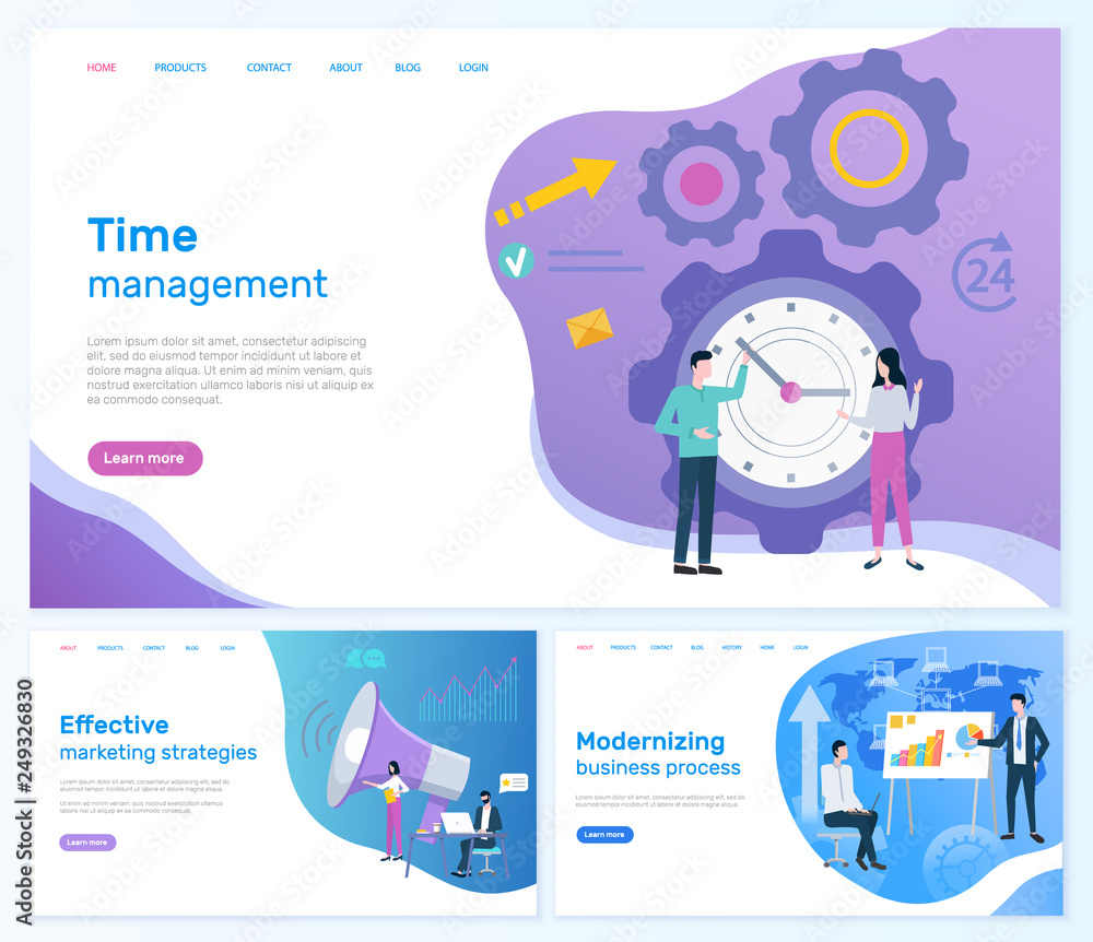 Time management, marketing or business development vector. Modernizing and effective strategies, businessman and businesswoman, modern technologies. Website or webpage template landing page in flat Time management, marketing or business development vector. Modernizing and effective strategies, businessman and businesswoman, modern technologies. Website or webpage template landing page in flat