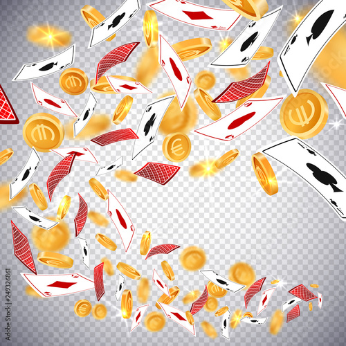 3d dollar gold coins,holdem poker casino cards explosion in realistic style,big win jackpot game casinos concept,transparent background.Business gambling mockup flyer banner design,web online concept