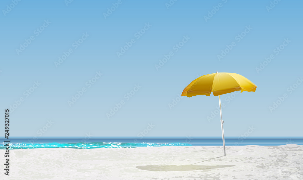 Realistic landscape of a beach with sunset / sunrise and a yellow parasol, vector illustration