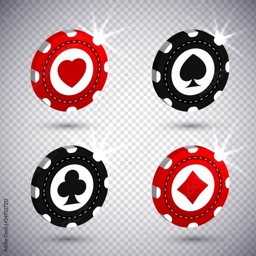 3d Holdem classic casinos poker chips 4 suits in realistic style,big win jackpot game Vegas casino concept on transparent background.Business gambling mockup flyer banner design,web online concept