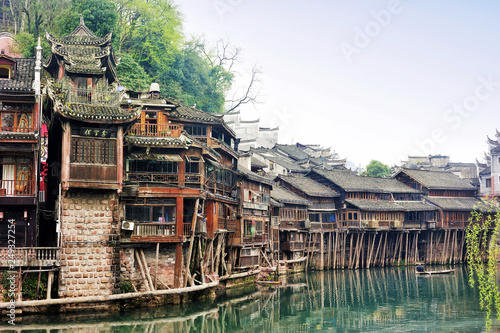 The spectacular landscape of the Diaojiaolou (traditional Chinese gabled wooden houses built on stilts) be preserved  in Fenghuang old city (Phoenix Ancient Town),Hunan Province, China.