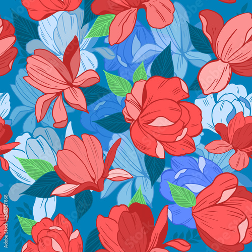 Seamless pattern with magnolia flowers. Vector illustration
