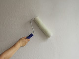 female hand paints a white paint roller