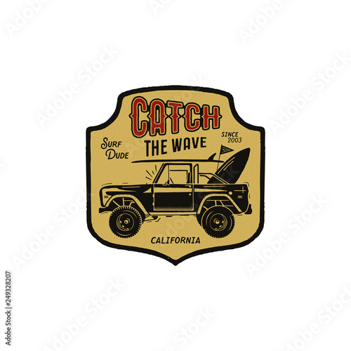 Surfing logo design. Summer badge with silhouette surf car, surfboards and typography quote - Catch the wave. Unusual hipster style. Stock vector emblem isolated on white