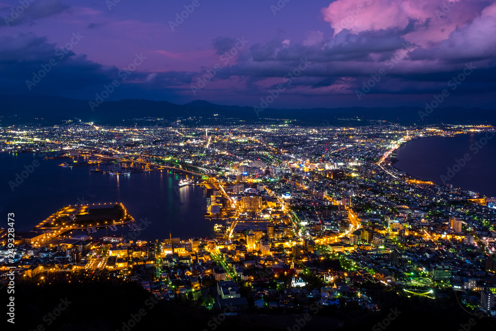 Mount Hakodate, from sunset twilight became night time, Mount Hakodate at night the sky turn from purple to dark. Good for background and nice viewing spot in Hokkaido in Japan