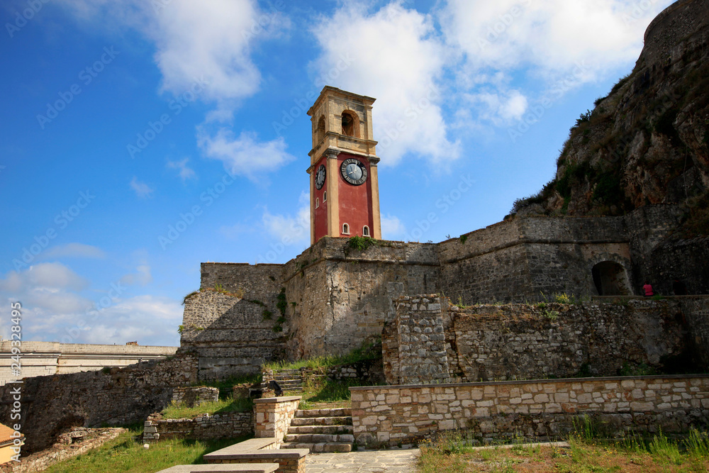 Clock tower in the old fortress of the city of Kerkyra on Corfu island in Greece