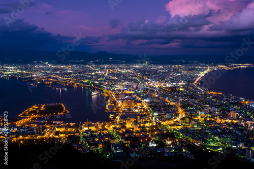 Mount Hakodate, from sunset twilight became night time, Mount Hakodate at night the sky turn from purple to dark. Good for background and nice viewing spot in Hokkaido in Japan © P. Lesley
