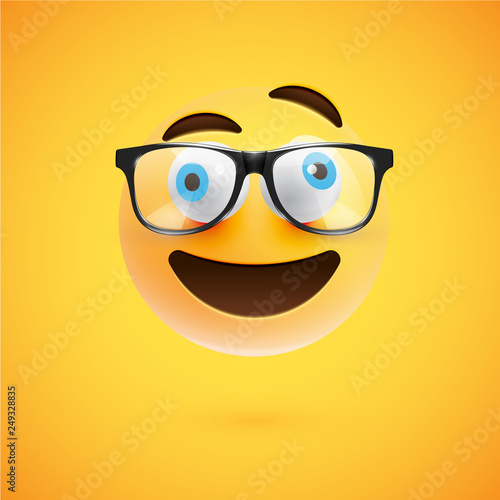 3D yellow emoticon with eyeglasses, vector illustration