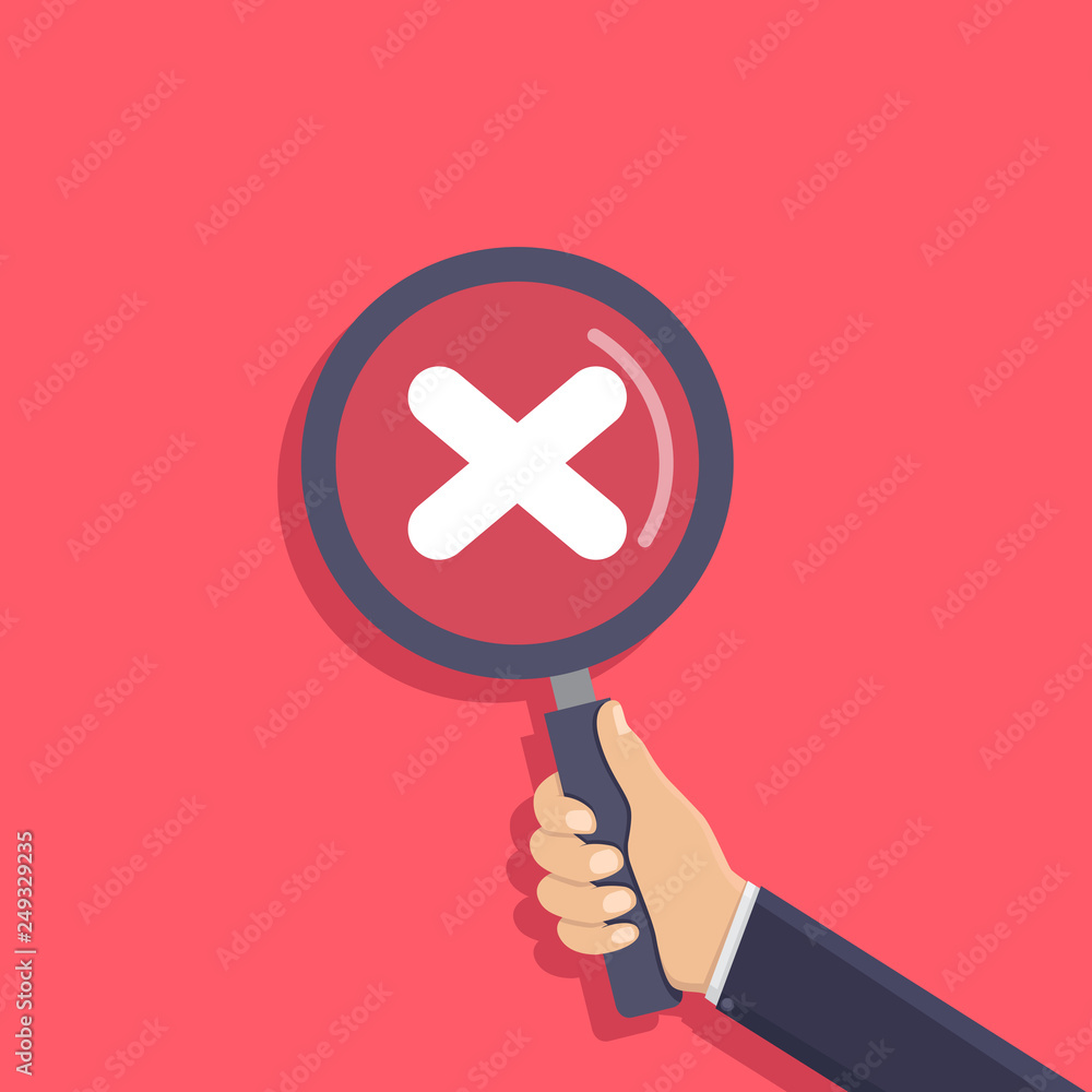 Business hand holding a magnifying glass, error sign, flat design vector illustration Business hand holding a magnifying glass, error sign, flat design vector illustration