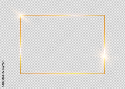 Gold shiny glowing vintage frame with shadows isolated on transparent background. Golden luxury realistic rectangle border.