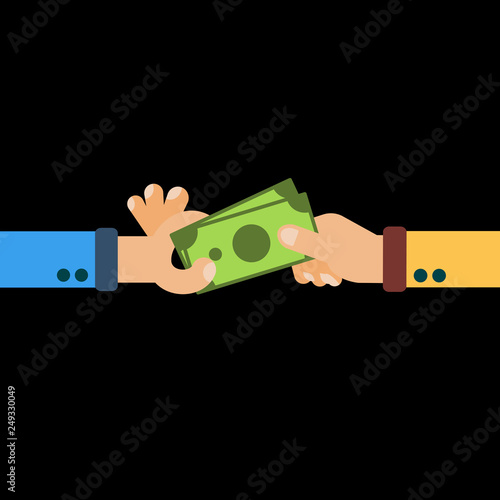 Hands hold cash money, financial bills. Concept of financial operations with cash, investments and savings, deposits, money turnover, funding, bribe, donation, payday. Vector flat illustration