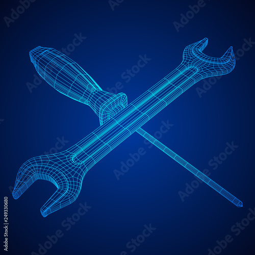 Wrench and screwdriver. Spanner repair tool. Mechanic or engineer instruments. Support service wireframe low poly mesh vector illustration
