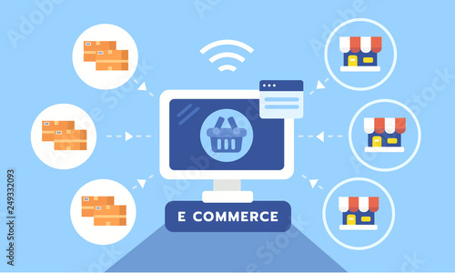 Flat concept of mobile e-commerce, online shopping concept. Store and customer. Vector illustration