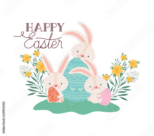 happy easter label with egg and flowers icon
